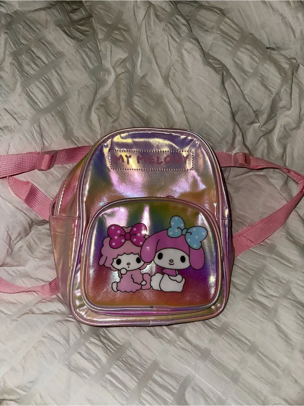 Holographic Pink Kids Mini Backpack with Cute Character Print